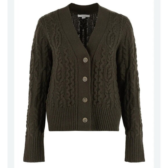 VINCE Cashmere Wool Interlocking Cable Cardigan Sweater In Black Leaf Sz L New - Picture 1 of 10
